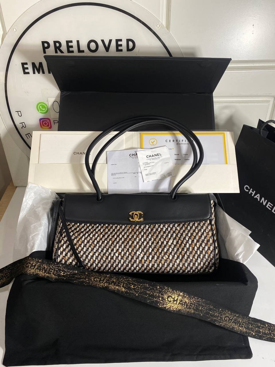 Small Urban Essential East West Shopping Tote Black Calfskin and Multi Tweed Gold Hardware